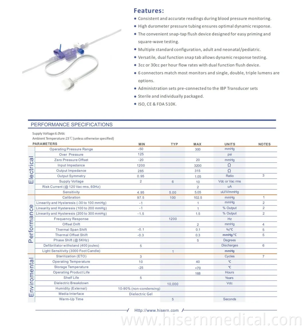 Medical Instrument Product China Factory Supply Hisern Medical IBP Transducer Single Lumen